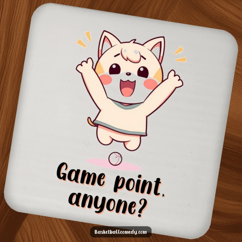 Funny Drink Coaster showcasing a dynamic Kawaii character mid-jump, celebrating a successful dunk with pure delight.