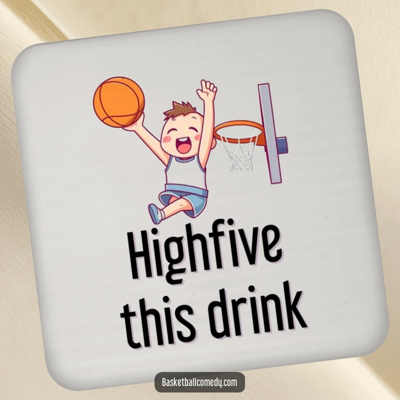 Funny drink coaster featuring a cute character happily soaring through the air for a slam dunk, adding joyful energy.