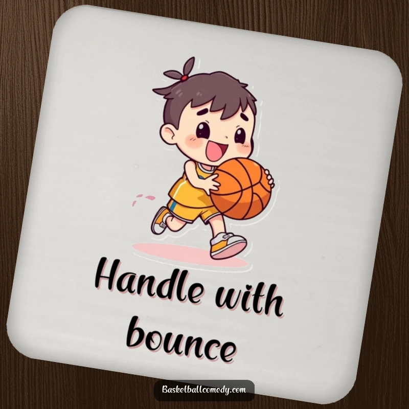 Funny drink coaster featuring a cute character dribbling a basketball with exaggerated bounce and pure joy, adding humor to any table.