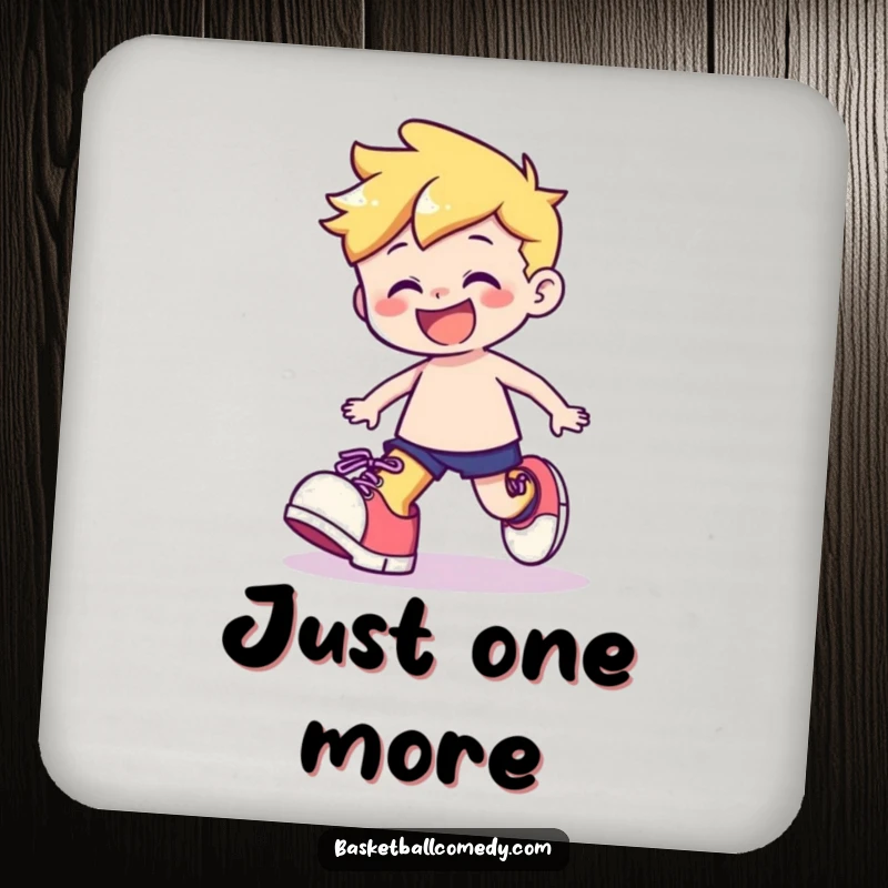 Funny drink coaster showing a cute character playfully stumbling with oversized shoes, wearing a happy grin, adding charm.