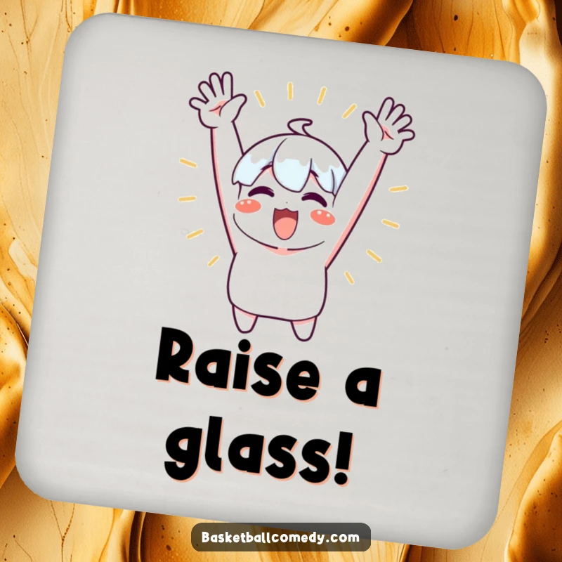 Funny drink coaster showing a cute character excitedly cheering with both arms raised high, adding celebratory vibes.