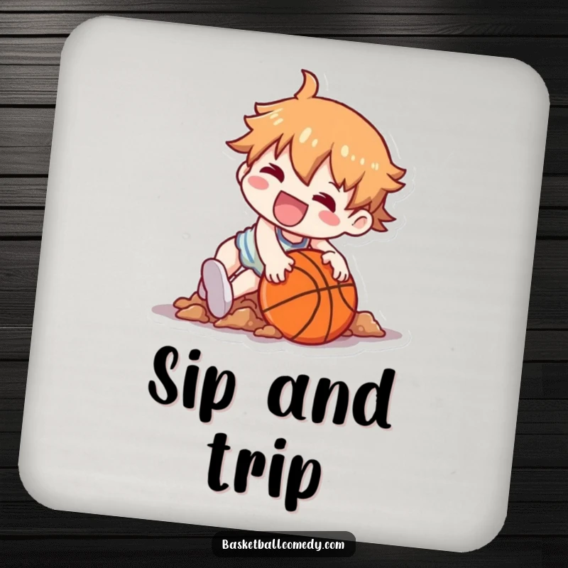 Funny drink coaster featuring a Kawaii character hilariously tripping over a basketball, landing in a heap with a grin.