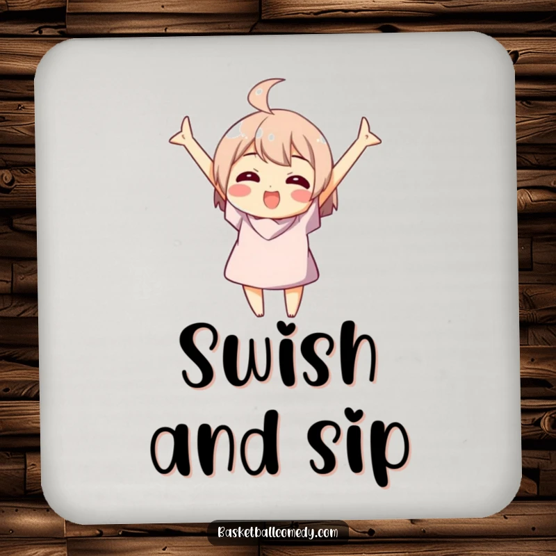 Funny drink coasters featuring a character celebrating a basketball swish, adding a protective and humorous touch.