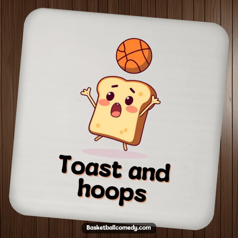 Funny toast drink coaster, a surprised slice of bread attempting to catch a flying basketball, adding humorous protection.