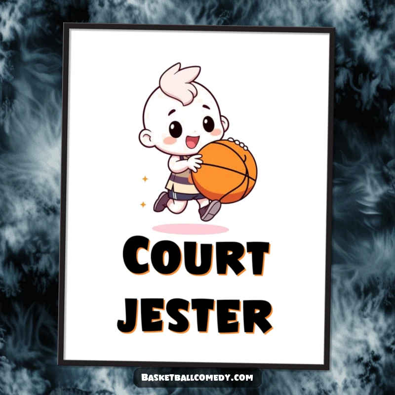 Funny kawaii character poster, vividly dribbling a basketball with exaggerated, bouncy movements and a joyful expression.