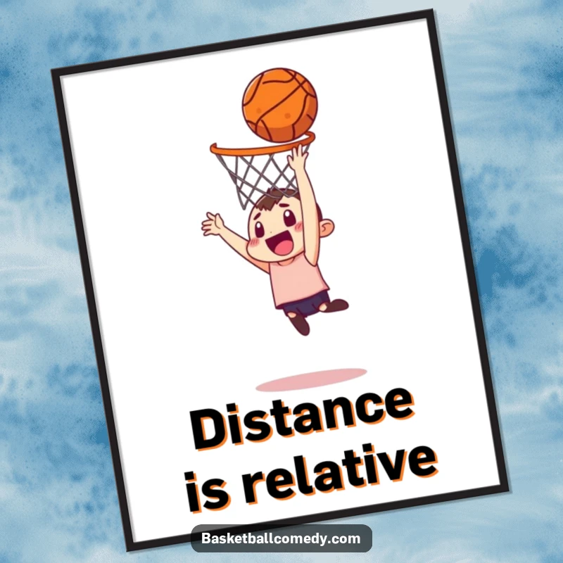 Funny poster print of a character attempting a comical, long-distance basketball dunk, adding humor to wall decor.
