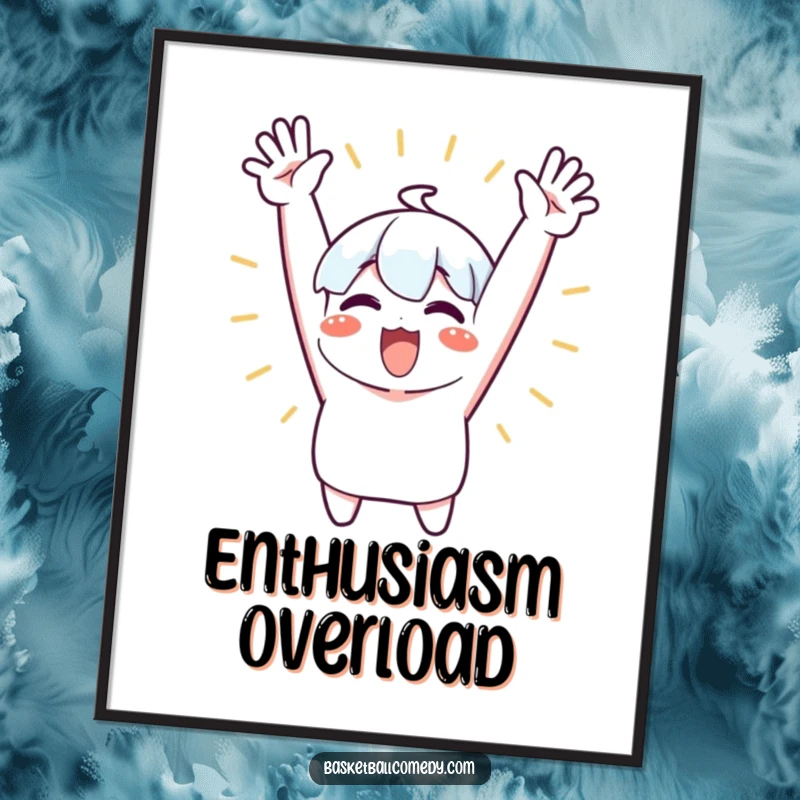 Funny poster of a cute character excitedly cheering with both arms raised high, radiating pure celebration and infectious energy.
