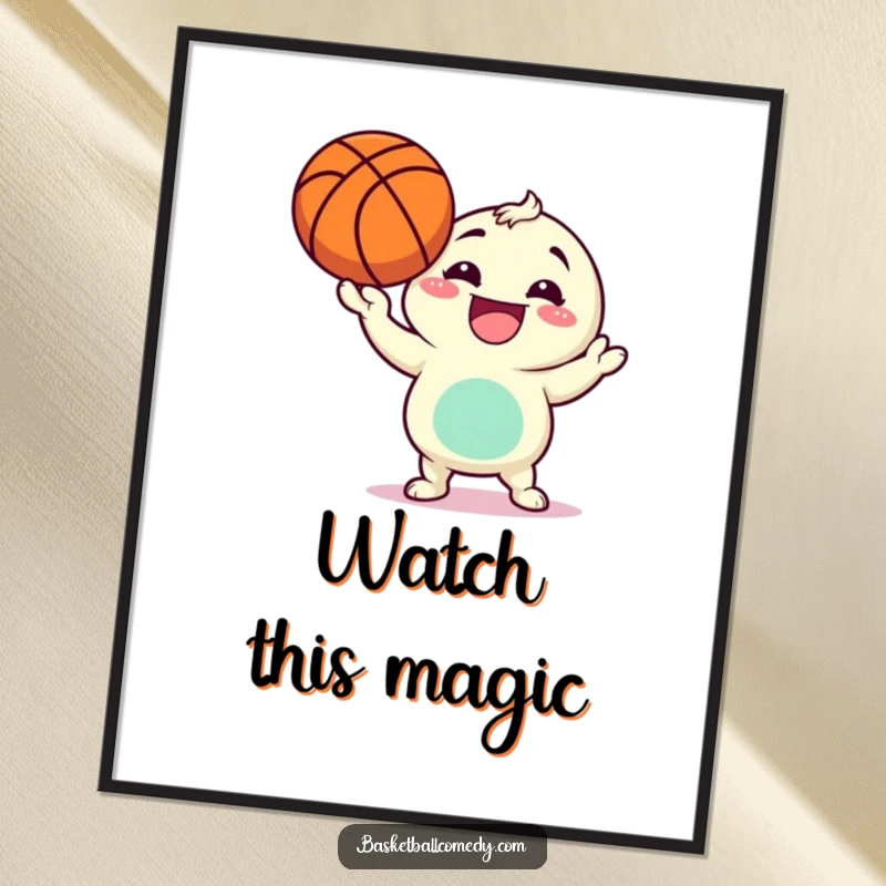 Funny poster featuring a character with a wide, triumphant grin, expertly balancing a basketball on its fingertip.