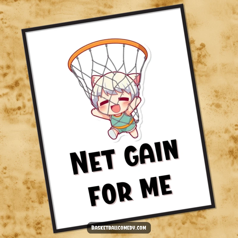 Funny poster of a cute character comically caught in a basketball net, a humorous depiction of playful struggle and endearing confusion.