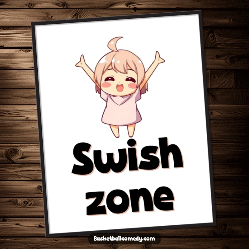 Funny poster illustrating a character’s ecstatic celebration of a basketball swish, radiating pure winning energy and joy.