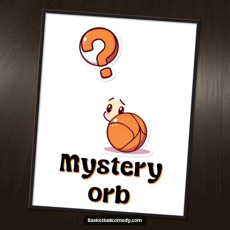 Funny poster print of a confused character with a question mark above their head, looking at a basketball.