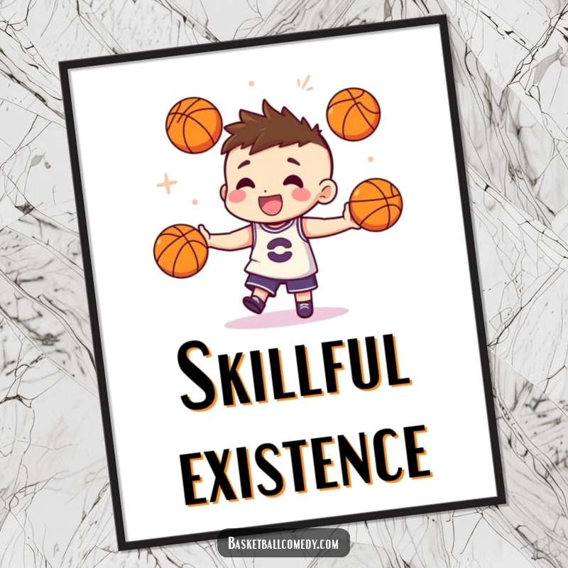 Funny poster featuring a cute character skillfully juggling three miniature basketballs with impressive flair and a confident pose.