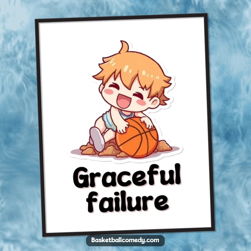 Funny poster print of a Kawaii character hilariously tripping over a basketball, landing in a comical heap with a grin.