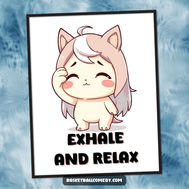 Funny poster featuring a cute character dramatically wiping sweat from its brow, embodying immense relief after a challenging situation.