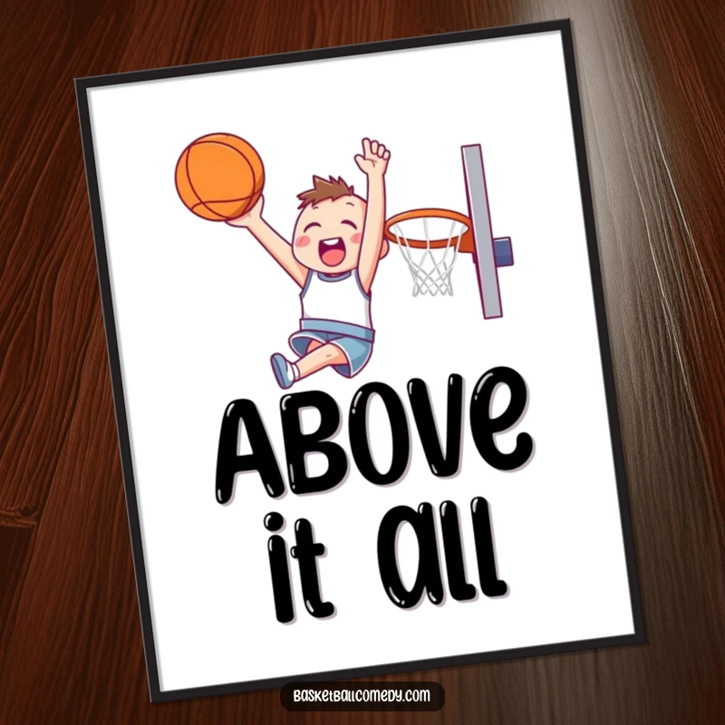 Funny poster of a cute character happily soaring through the air, executing a slam dunk with energetic, joyful abandon.