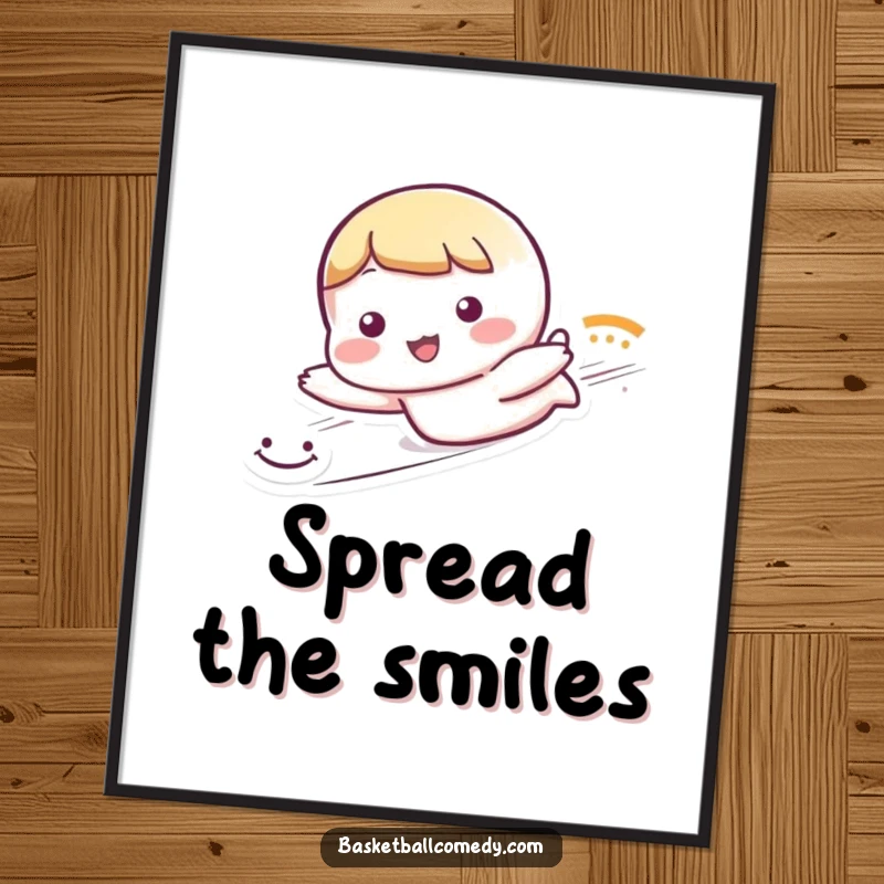 Funny poster of a cute character sliding with a dramatic trail of smiley faces, radiating joy and playful movement.
