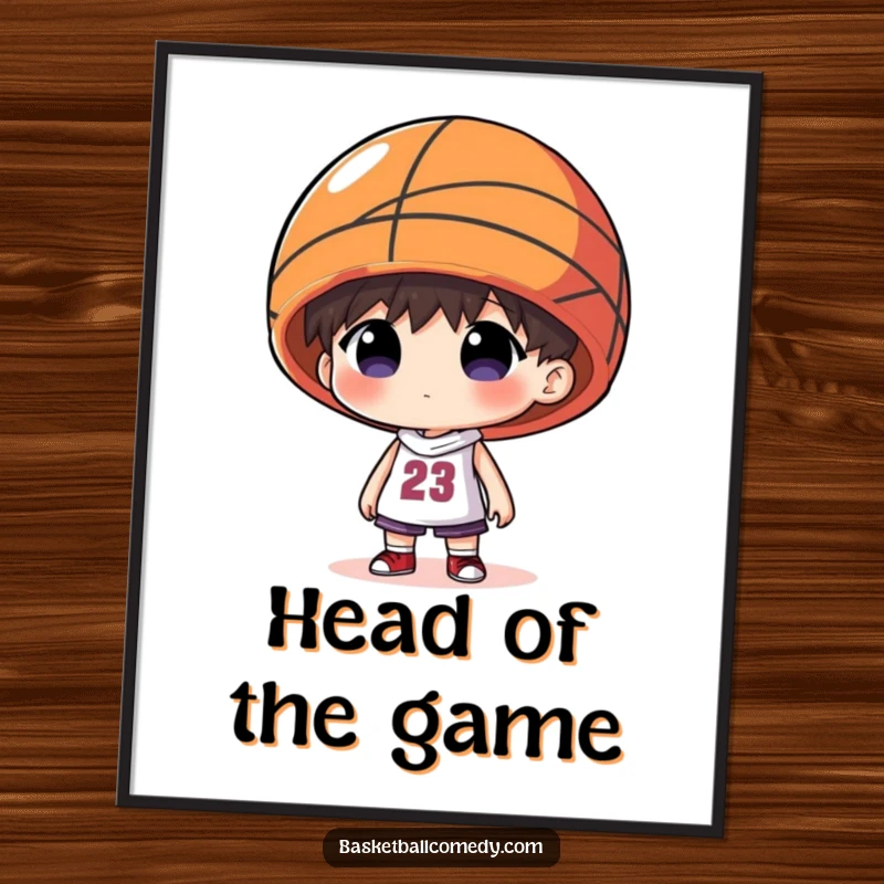 Funny poster depicting a character humorously sporting an extra-large basketball as a hat, adding quirky decor.
