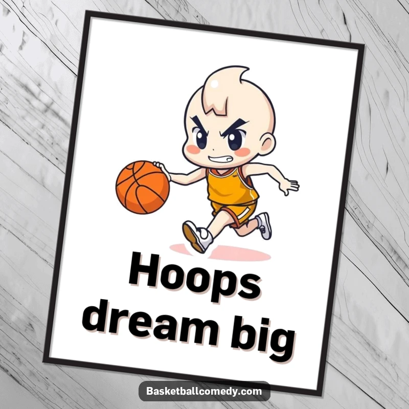 Funny poster print of a cute character focused on dribbling a basketball with a determined expression, capturing the thrill of the game.