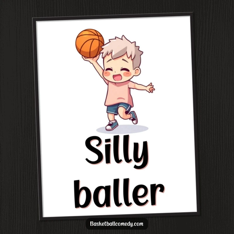 Funny basketball dancer poster showing a character doing a silly dance with a basketball, perfect for sports-themed decor.