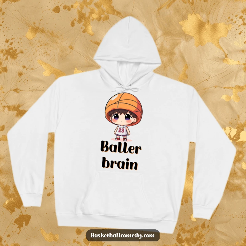 Funny hoodie featuring a character comically wearing an oversized basketball as a hat, exuding quirky fan spirit.
