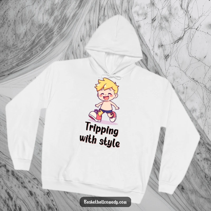 Funny hoodie featuring a cute character playfully stumbling with oversized shoes, wearing a happy grin and exuding charm.