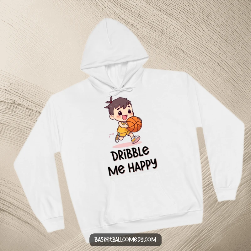 Funny hoodie with a cute character dribbling a basketball energetically, embodying joy and playful bounce, ideal for cozy, humorous wear.