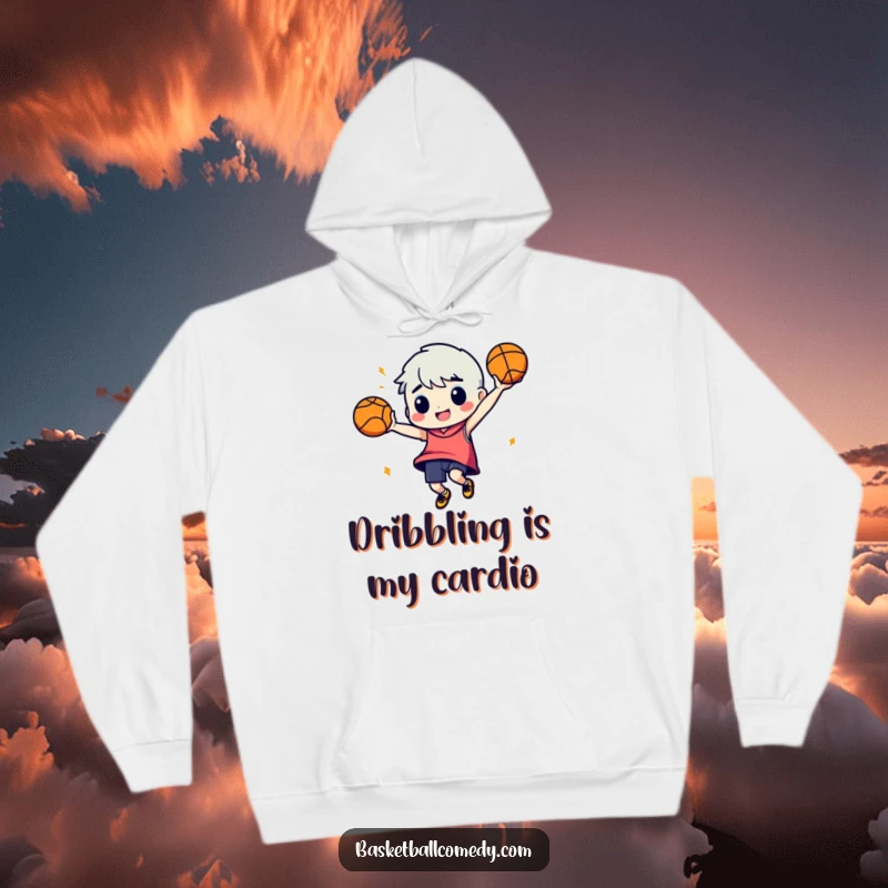 Funny hoodie: A character dances energetically with a basketball, perfect for staying warm and spreading humorous vibes.