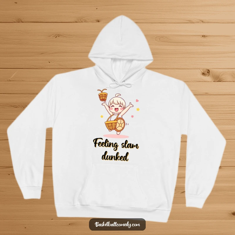 Funny hoodie depicting a cute character executing a cartwheel in celebration of a basketball basket, radiating happiness and playful energy.