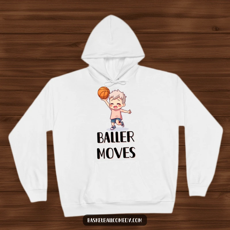 Funny basketball dancer hoodie depicting a character doing a silly dance with a basketball, ideal for cozy sports fans.