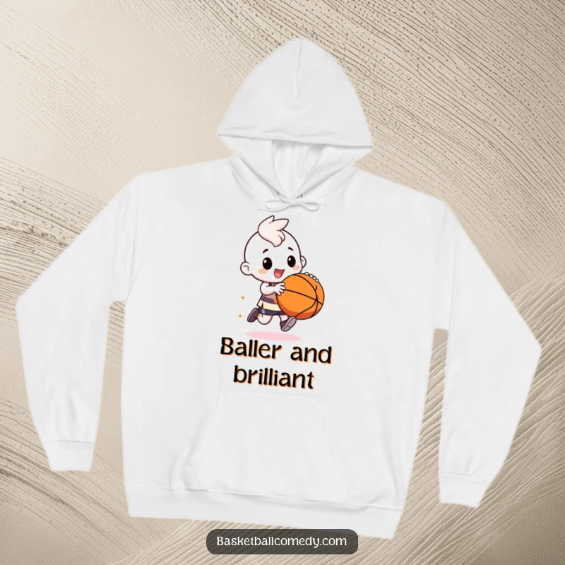 Funny kawaii character in a hoodie, enthusiastically dribbling a large basketball with amusingly exaggerated, bouncy motions.
