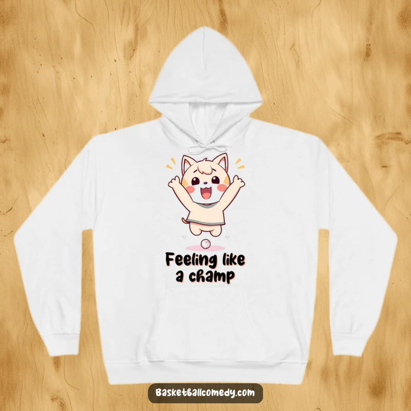 Funny Hoodie showcasing a delighted Kawaii character soaring through the air in a triumphant dunk celebration.