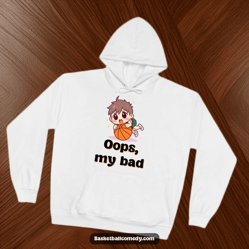Funny character tripping over a basketball with a surprised face, depicted on a warm hoodie. Ideal for comfort and a chuckle.