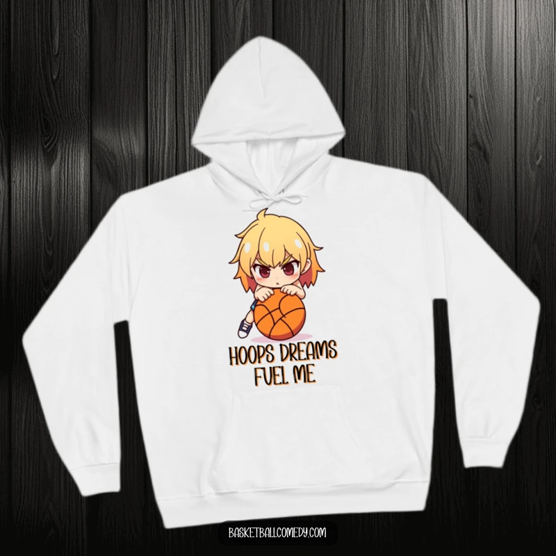 Funny Basketball Hoodie: A determined character leans over a basketball, ready to shoot, offering cozy comfort and athletic spirit.