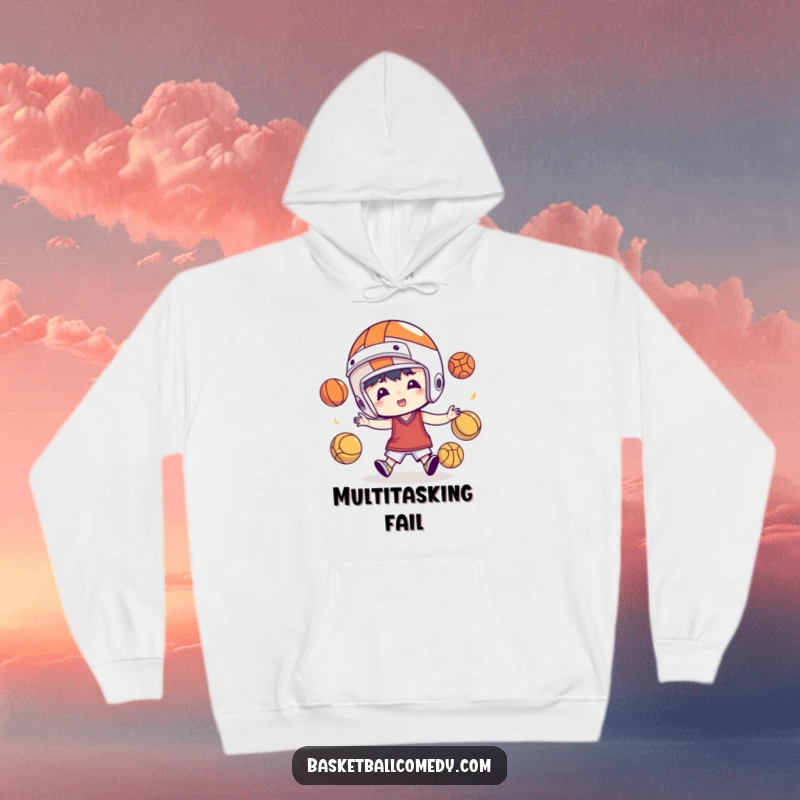 Funny hoodie featuring a character in a basketball helmet comically juggling multiple basketballs, offering warmth and sporty style.