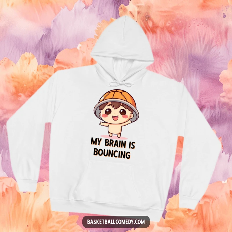 Funny Basketball Hat Hoodie: Cute character with a silly grin wearing a basketball as a hat, cozy and full of sporty fun.