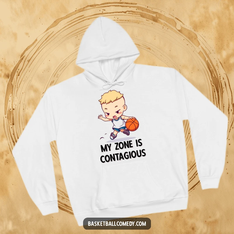 Funny hoodie showcasing a character dribbling a basketball with extreme concentration, perfect for cozy wear and a humorous statement.