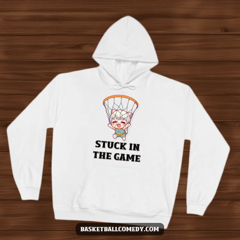 Funny hoodie featuring a cute character comically stuck and tangled within a basketball net, expressing a humorous predicament with charm.