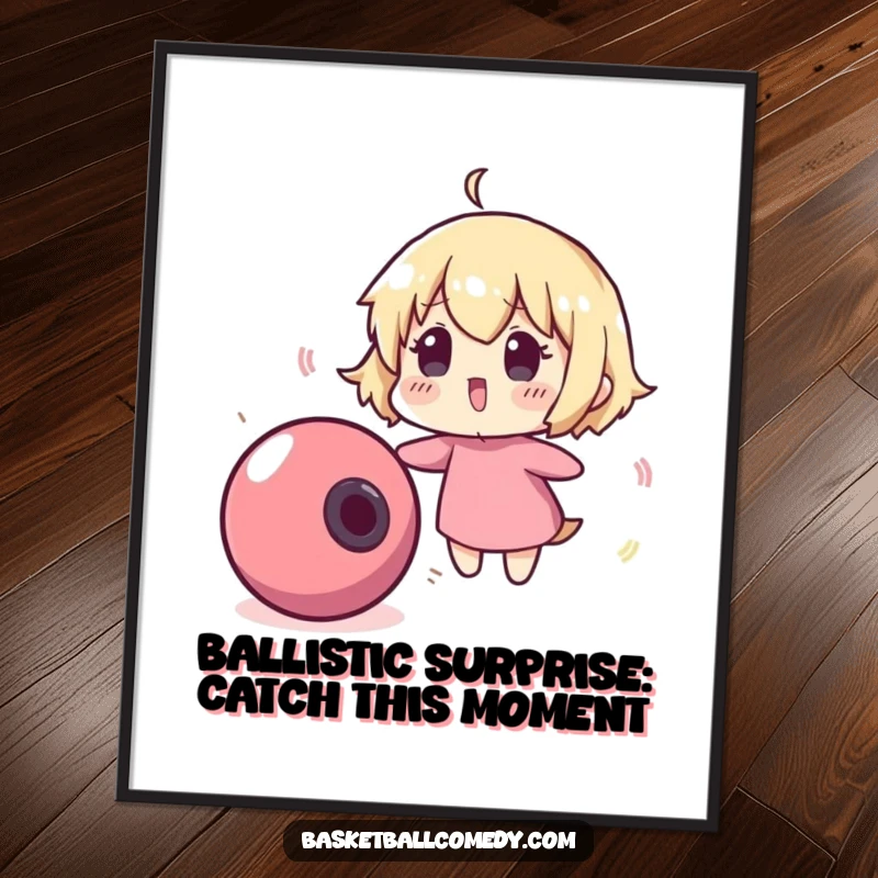 Funny Free Printable Wall Art: A cute character looks comically surprised as a basketball bounces erratically towards them, a humorous downloadable piece.