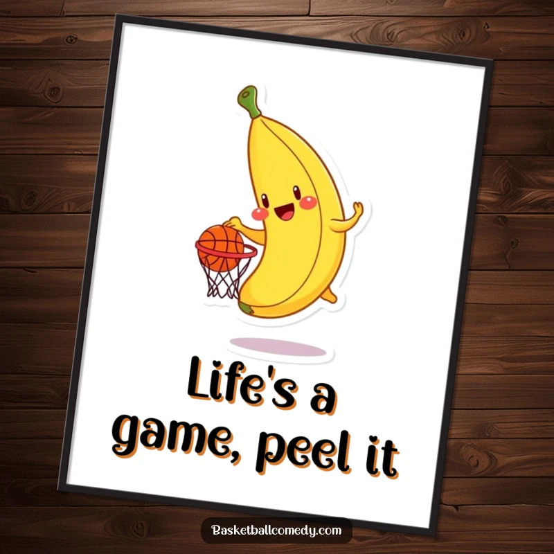 Funny Free Printable Wall Art: A cheerful banana is caught mid-dunk, attempting to score a miniature basketball.