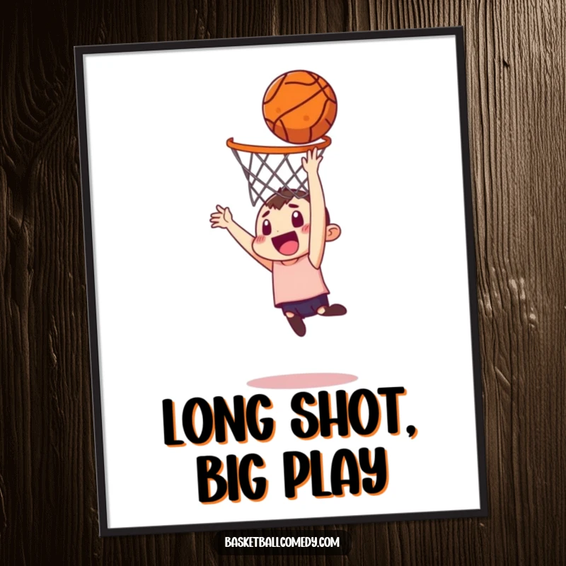 Funny Free Printable Wall Art of a mischievous character hilariously trying to dunk a basketball from an incredibly long distance.