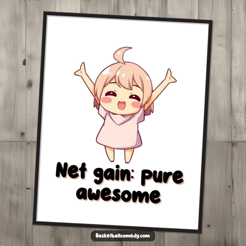 Funny Free Printable Wall Art: A character with arms raised high celebrating a perfect basketball swish, adding humor to decor.