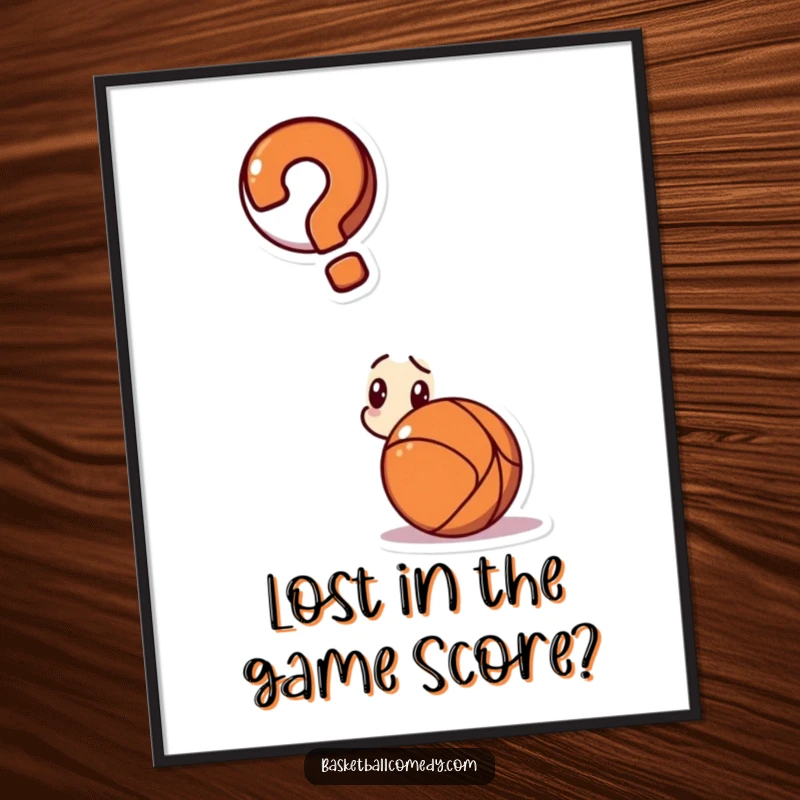 Funny Free Printable Wall Art: Confused character stares blankly at a basketball, giant question mark above.