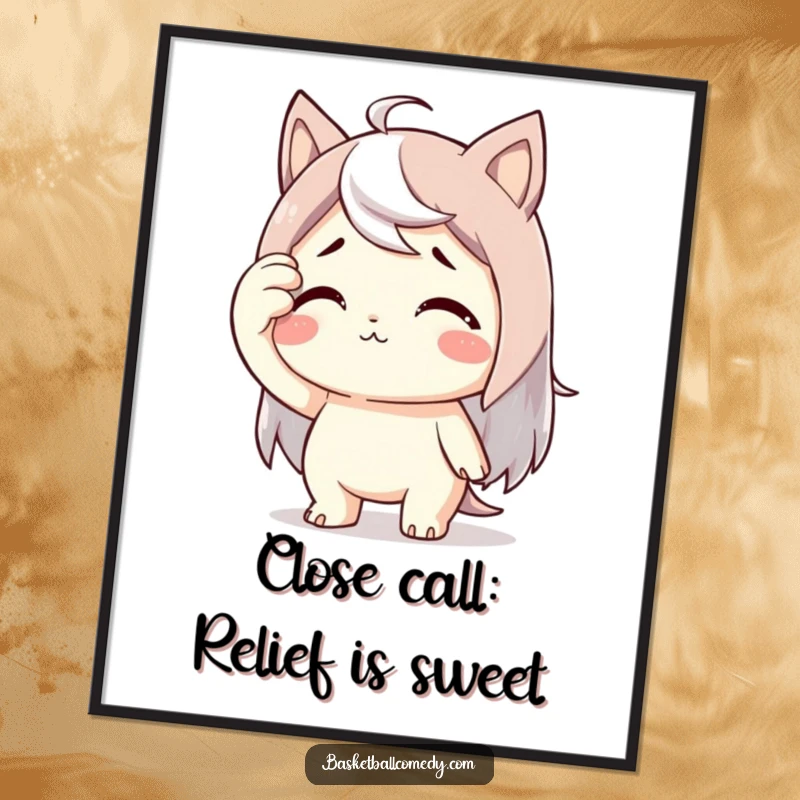 Funny Free Printable Wall Art: A cute character wipes sweat from brow with immense relief, a humorous and relatable downloadable piece.