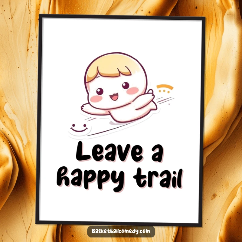 Funny Free Printable Wall Art: Cute character sliding dramatically, leaving a vibrant trail of smiley faces behind.