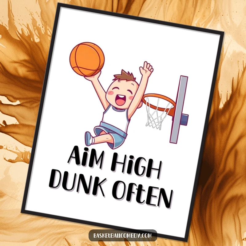 Funny Free Printable Wall Art: Cute character soaring through the air, joyfully executing a spectacular slam dunk.