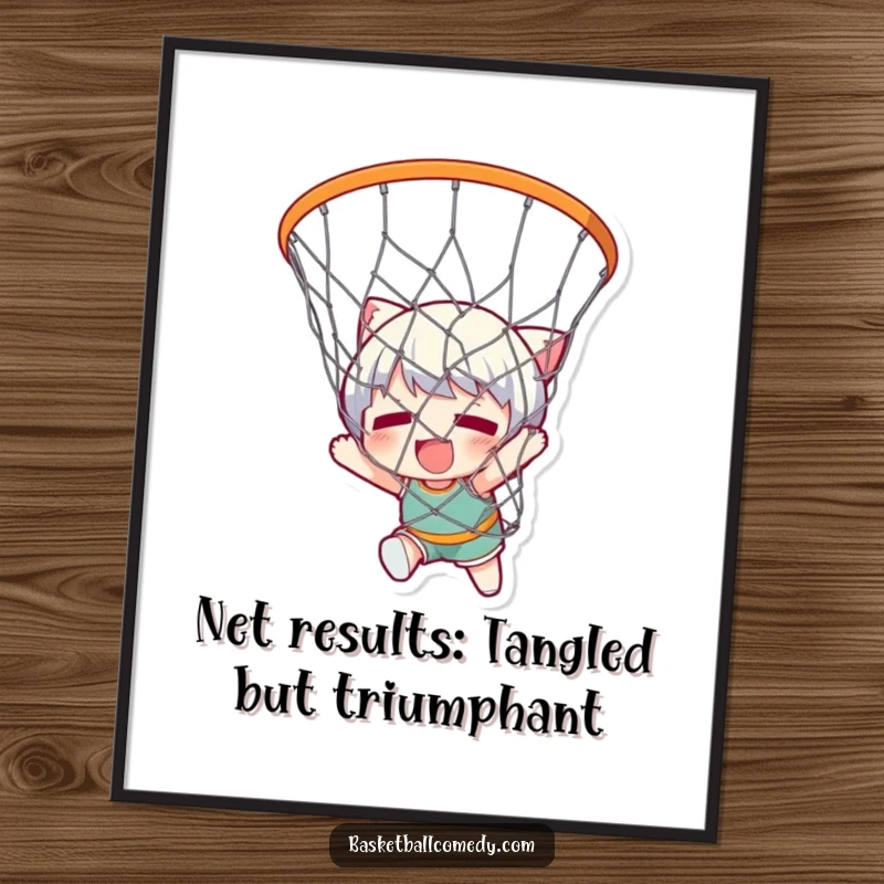 Funny Free Printable Wall Art: A cute character is comically ensnared within a basketball net, a humorous and quirky downloadable piece.