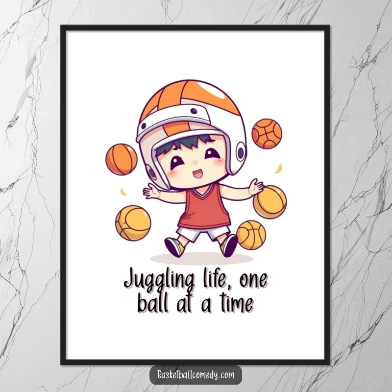 Funny Free Printable Juggling Basketball Wall Art: Character in helmet juggling balls, creating a humorous and energetic scene for print-at-home decor.