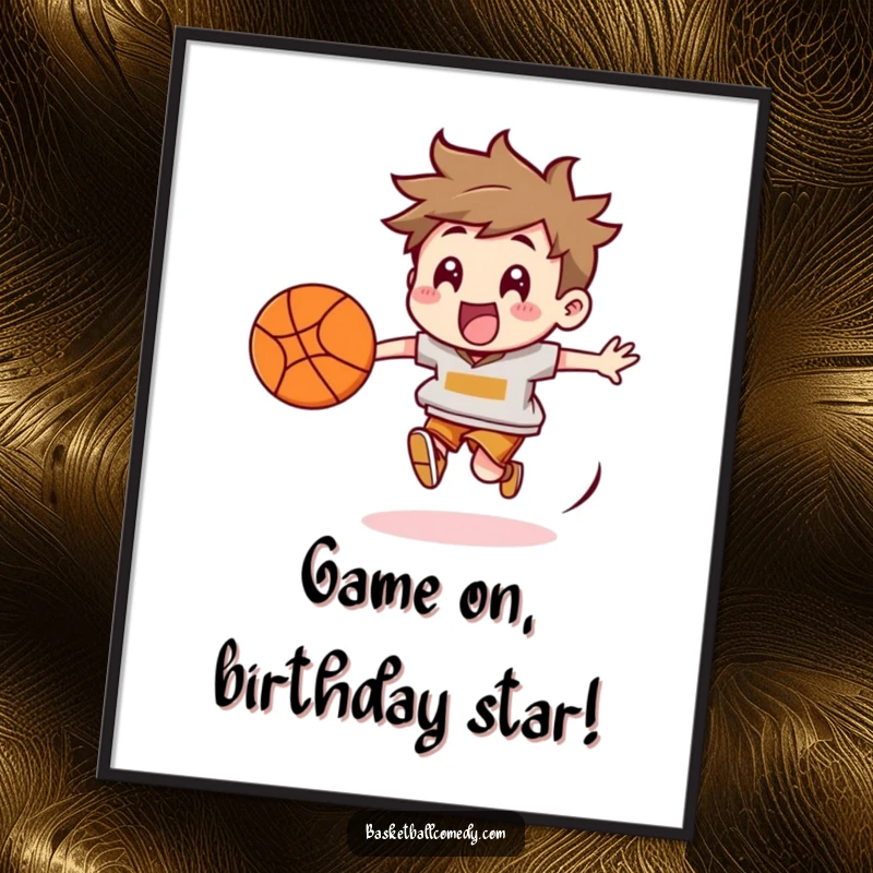 Funny Free Printable Wall Art: Kawaii character in mid-chase after a bouncing basketball, conveying motion and fun.