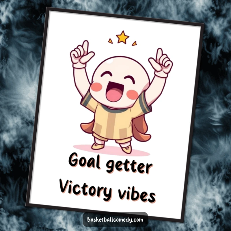 Funny Free Printable Wall Art: Character cheering with arms raised in triumph after a victorious score, bringing joy.