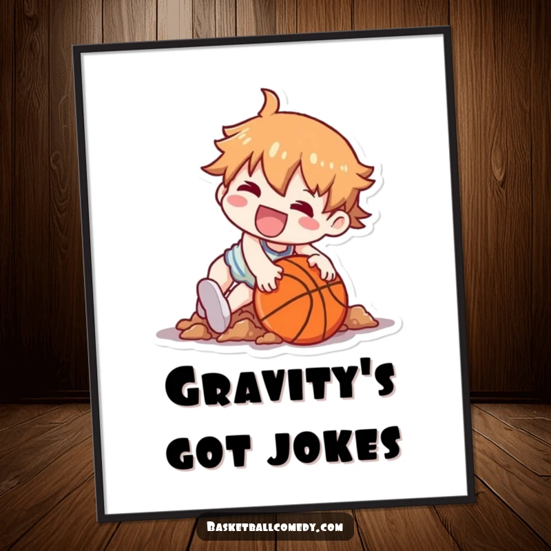 Funny Free Printable Wall Art: Kawaii character playfully tripping over a basketball, creating a hilarious and endearing scene.